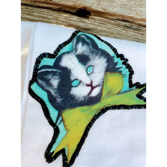 Vintage pair 1930s Creepy Eyes cat Face Applique Tea towels Dish Towels - Picture 4 of 9